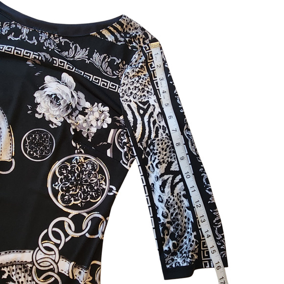 Cartise Sheath Dress Floral Chains Print, black, white, silver 3/4 sleeve sz 10 - Picture 6 of 12